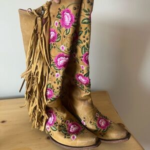 Tan and Pink Heeled Boots with Floral Embroidery